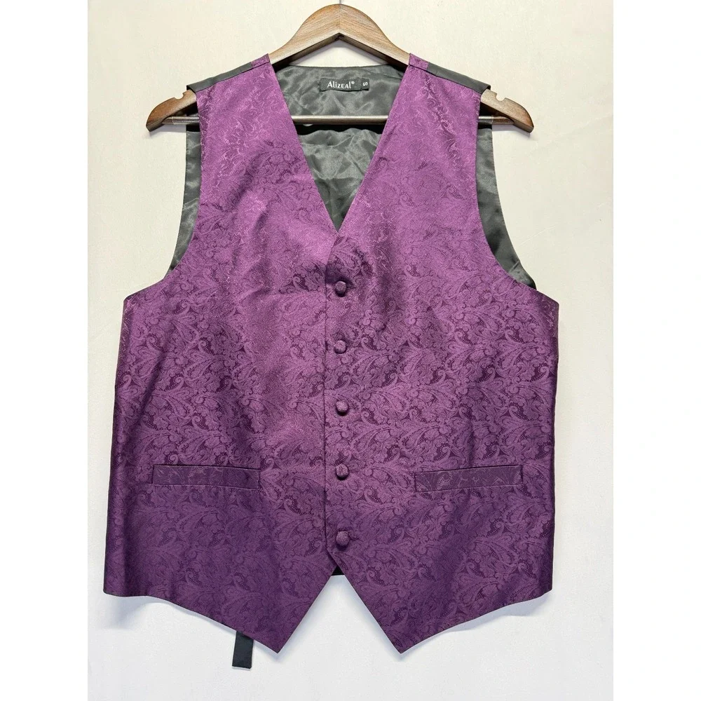 Alizeal Waistcoat Mens S Purple Jacquard Paisley Single‎ Breasted Wedding Formal